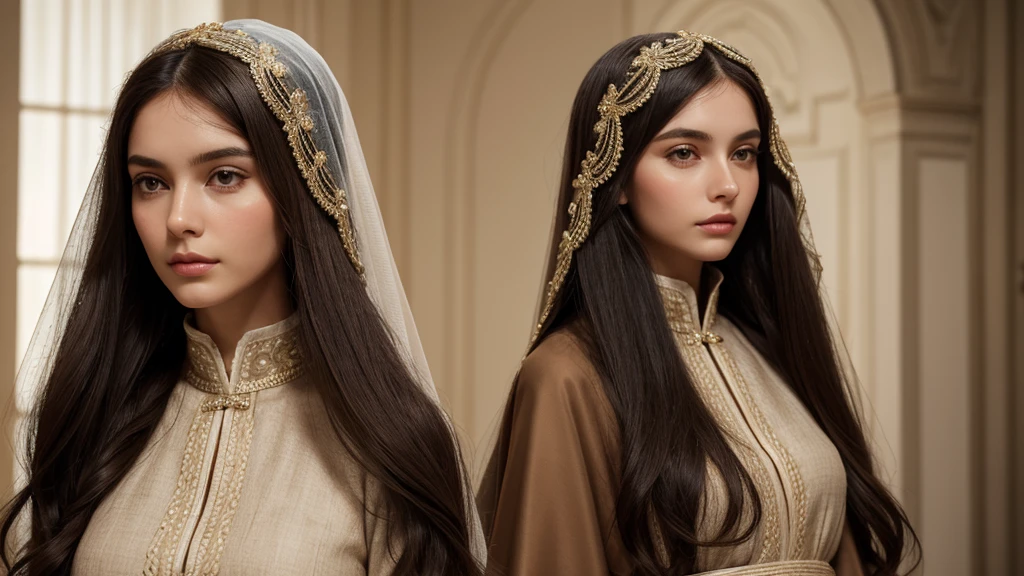 Marianna had a delicate, oval face., with fine features that reflected his noble lineage, Her cheekbones were high and marked., and her skin a pale and soft tone, Her brown eyes were large and expressive., Her hair was long and a deep brown shade., woman of slender build and average height, He wore the traditional habit, composed of a long tunic, usually of dark wool, a rope belt, a veil covering her hair and, Sometimes, a headdress that framed her face.