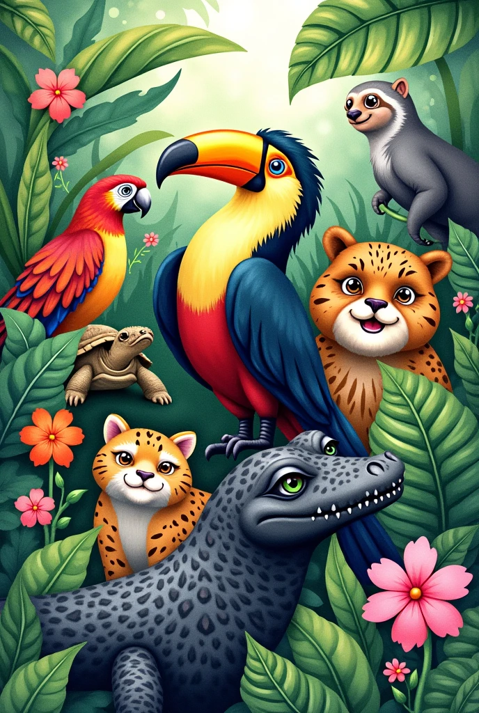 Create me a watercolor image of a toucan with a colorful beak, a jaguar and a parrot, a turtle, a sloth, a black alligator and a monkey.
