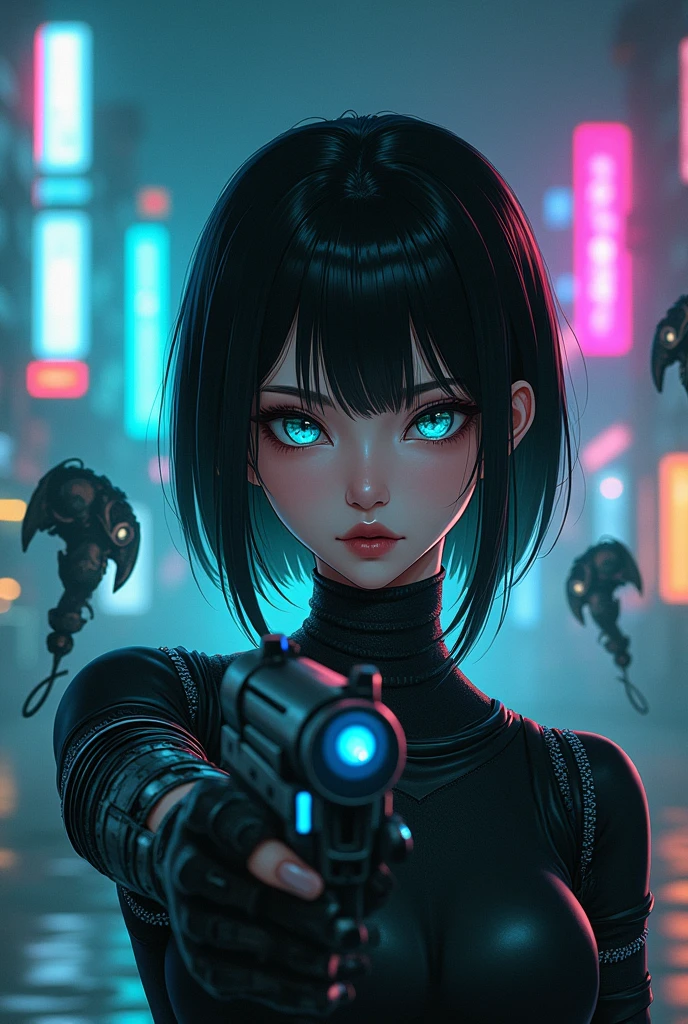 An asian hot woman in her 30s with eyes focused and black hair, robotic arms and neck, face focused, with a rocketship background, blue and pink cyberpunkish colors, more anime like and presenting horror and dark environments, darker and more robotic background with 10 robot arms disconnected in the air at the background and horrifying, like an album cover. A foggy dark environment. Not so bright. Not so realistic. Neon blue neon pink neon green lights. Blue green eyes. 1×1 picture. Add a futuristic futuristic gun in her hand pointing the gun at me while having neutral expression. Add neon futuristic building plus the robot arms to the background. Just a bit realistic more digital art like. With floating robots in the air like after a robot war with a rocketship. Add more features in the background and not blurry. Her finger on the trigger of the gun. Visible background and not just focused on the charecter. The robot arms disconnected floating in the air