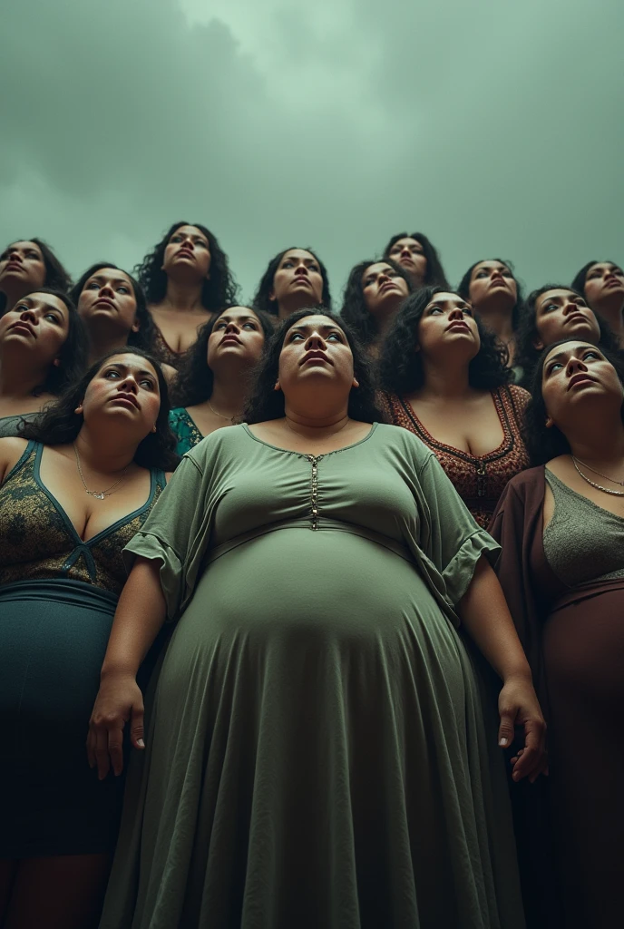 15 morbidly obese women desperate for food with different clothes and a gray sky behind them