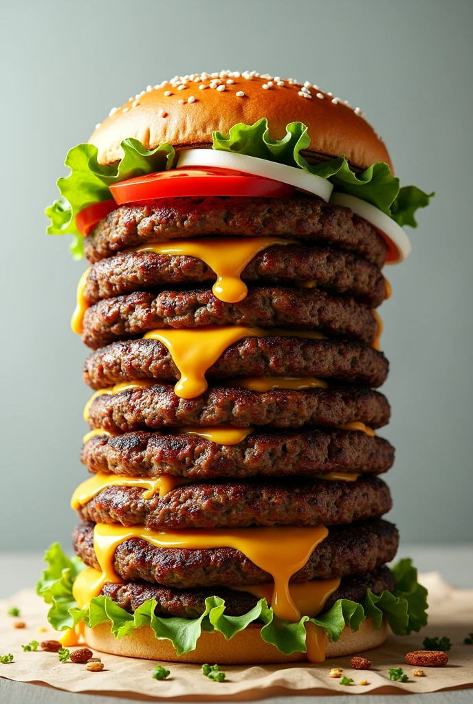 (photorealism:1.2), a large juicy burger with 10 patties, lettuce, onions, garlic butter, mozzetta cheese, tomatoes,