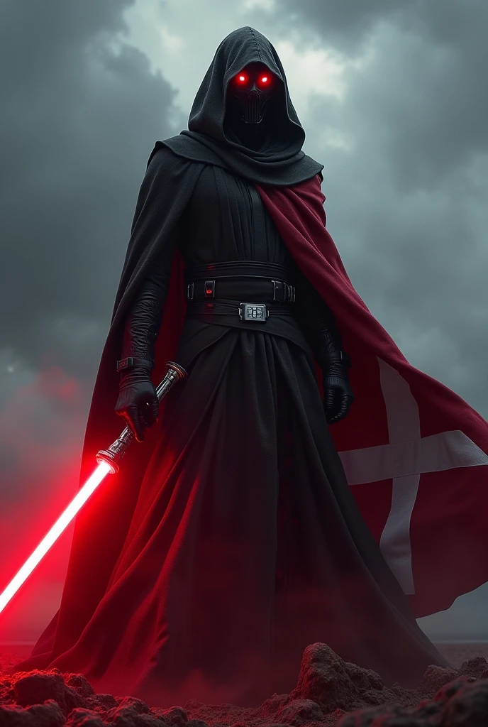 The country denmark as a Sith Lord from Star Wars, Cross on the Cape, colors red and white, red lightsaber, scary, frightening, ultra-realistic