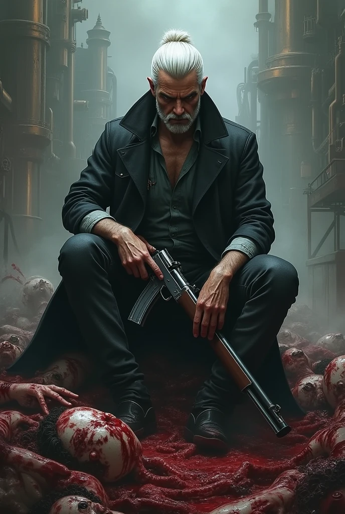 draws a white 2 man with a tone of white hair combed back subtly, sitting on a pile of bleeding corpses holding a rifle, steampunk style, the boy has a scar on the right side of his face, a tiger's claw (make it noticeable the scar on the face)