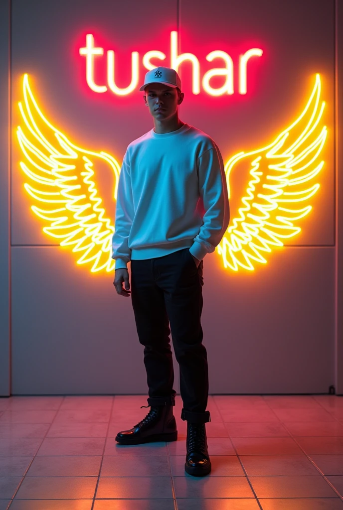 In this striking and futuristic scene, a mysterious individual stands confidently in front of a mesmerizing neon wall. The individual’s casual attire – a white sweater, white cap, black pants, and black shoes – contrasts with the vibrant neon wings in bright yellow, symmetrically placed on either side of the figure. The bold red neon quote “TUSHAR” adds an inspiring touch to the composition. The floor, made of tiles, reflects the grayish hue of the wall,
