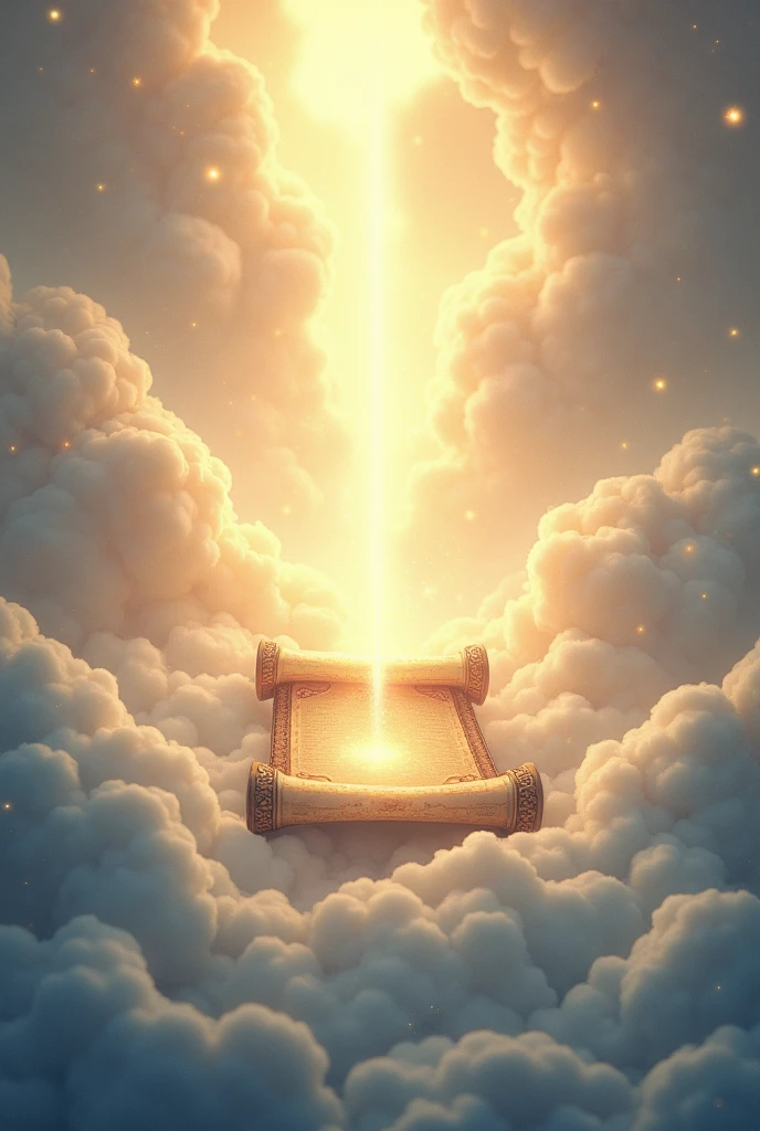 The design should depict a heavenly realm, with elements like soft, radiant clouds, shimmering light beams, and a softly glowing aura surrounding the ancient scroll. Use light, heavenly colors such as soft golds, silvers, and pastel blues. Incorporate subtle, heavenly textures like starry patterns or gentle, flowing light to enhance the divine and awe-inspiring atmosphere.