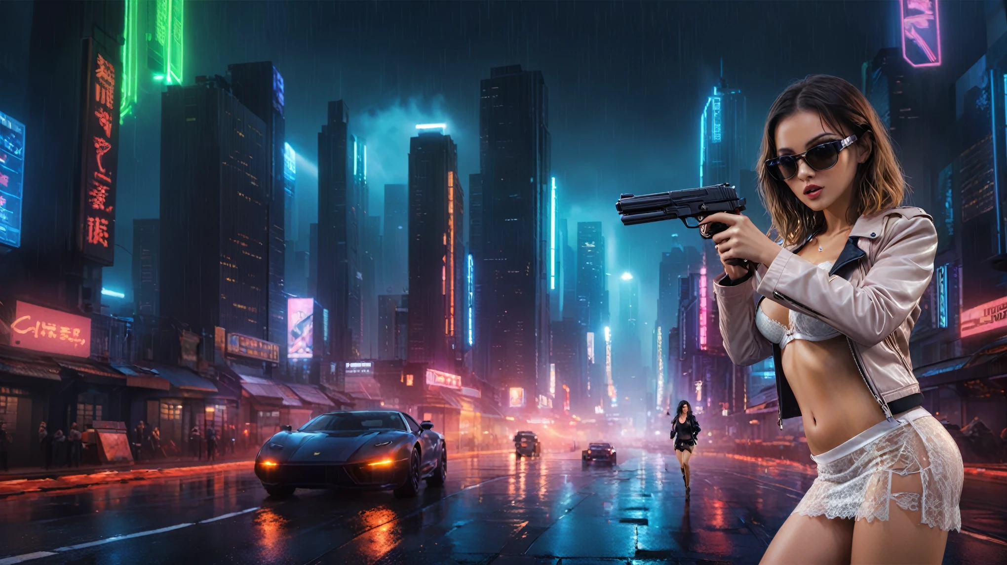 (low angle view), Blade Runner style futuristic city, flying cars, neon lights, rainy night. (1girl, solo, alone), large-breast:1.2 slim body, slim face, cleavage:1.1, sexy laced lingerie, very low angle view miniskirt, jacket, (black micro sunglasses), (holding a short gun), running pose, half-body thigh level medium shot, cinematic lighting, ray tracing.