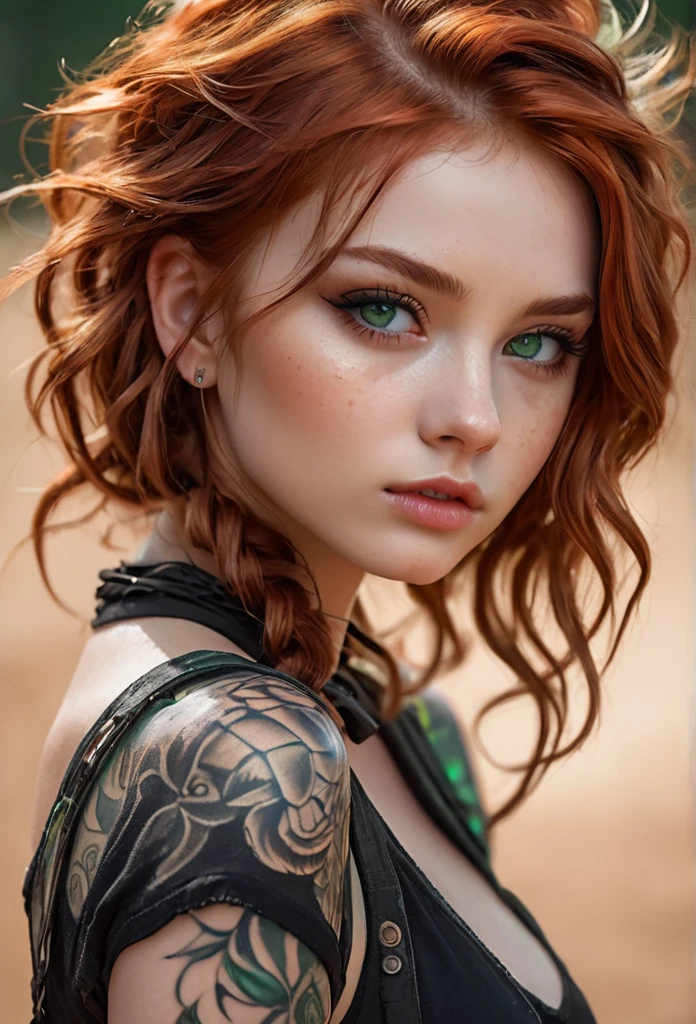 muito detalhado, 16K high resolution, incredibly detailed image, filmic, best quality, ​masterpiece, realisti, detailed face, detail-ful background, dramatic lighing, Girl, 20yo, alone, beautiful, ginger red hair. The hair is long, wavy and a bit messy. Extremely detailed facial expressions with sharp, piercing, radiant green eyes. A delicate, slightly cheeky, cute face, discreetly made up. She is tattooed and pierced. She has super extremely small breasts and a super slim to thin figure. In good shape. (A summery, light summer dress in boho style. cremefarben, beige, playful lace, ankle-high biker boots in black), Tourist in Afrika, on Safari, a pride of lions in the background