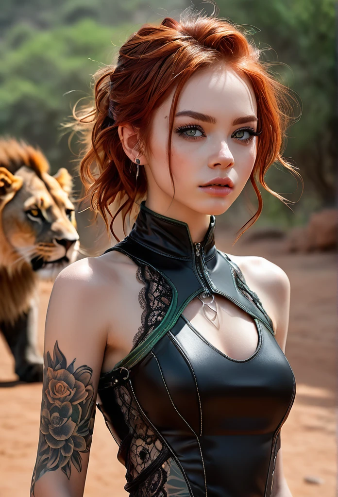 muito detalhado, 16K high resolution, incredibly detailed image, filmic, best quality, masterpiece, realisti, detailed face, detail-ful background, dramatic lighing, Girl, 20yo, alone, beautiful, ginger red hair. The hair is long, wavy and a bit messy. Extremely detailed facial expressions with sharp, piercing, radiant green eyes. A delicate, slightly cheeky, cute face, discreetly made up. She is tattooed and pierced. She has super extremely small breasts and a super slim to thin figure. In good shape. (A summery, light summer dress in boho style. cremefarben, beige, playful lace, ankle-high biker boots in black), Tourist in Afrika, on Safari, a pride of lions in the background
