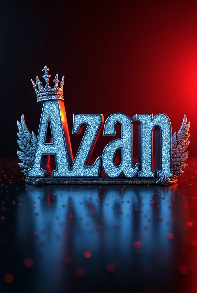A mesmerizing and sophisticated 3D digital artwork featuring the name Azan" in exquisite skyblu green shing and diamond letters, adorned with a majestic royal crown and a luxuriouswings with luxurious crown a graceful feather. The bold, enchanting typography shimmers with a dusting of diamonds, illuminated by warm, red,with dark red lighting. The black,red,darkness lighting with shining background highlights the text and transforms the piece into a striking, cinematic poster. This eye-catching design masterfully combines elements of dark fantasy, photography, architecture, typography, film, and 3D rendering, creating a truly enchanting visual experience that is perfect for architecture or cinema promotions and adds an unforgettable visual experience to any space. Signed by the artist "Creaciones_Celestiales CC" in the center of the image., photo, architecture, cinematic, 3d render, poster, illustration, typography