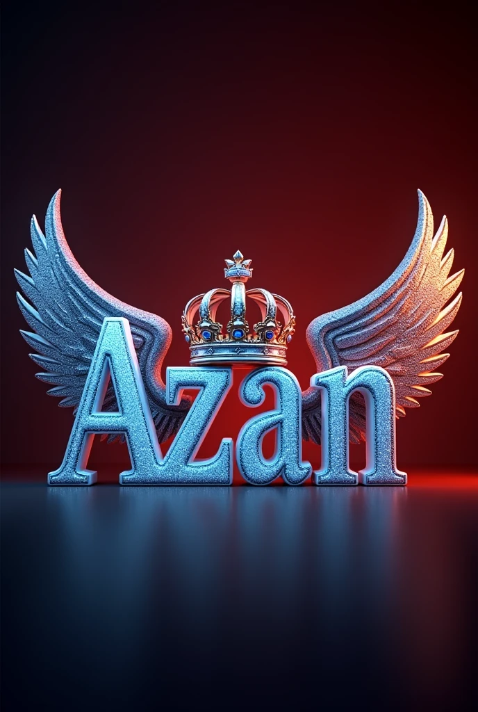 A mesmerizing and sophisticated 3D digital artwork featuring the name Azan" in exquisite skyblu green shing and diamond letters, adorned with a majestic royal crown and a luxuriouswings with luxurious crown a graceful feather. The bold, enchanting typography shimmers with a dusting of diamonds, illuminated by warm, red,with dark red lighting. The black,red,darkness lighting with shining background highlights the text and transforms the piece into a striking, cinematic poster. This eye-catching design masterfully combines elements of dark fantasy, photography, architecture, typography, film, and 3D rendering, creating a truly enchanting visual experience that is perfect for architecture or cinema promotions and adds an unforgettable visual experience to any space. Signed by the artist "Creaciones_Celestiales CC" in the center of the image., photo, architecture, cinematic, 3d render, poster, illustration, typography