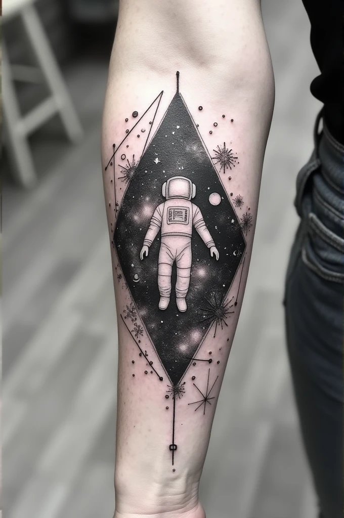Black and white tattoo with only fine lines and strokes with a galaxy and mathematical elements. Add a small astronaut. Do not add black backgrounds to the tattoo.