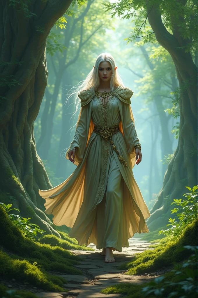 A high elf mage traveling in a forest