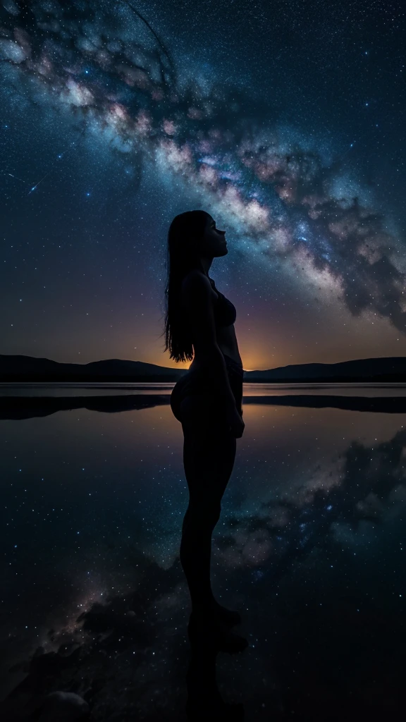 Create an 8K image of a lone figure standing by a reflective water surface, gazing up at a stunning night sky filled with a vibrant Milky Way. The sky is a deep, starry blue with patches of clouds, and the Milky Way stretches across the sky in hues of purple and blue, creating a mystical and awe-inspiring scene. The figure, shown in silhouette, stands on a patch of land surrounded by shallow water, reflecting the stars and the sky. The image should evoke a sense of wonder and introspection, with the cosmic elements being the main focus. The textures of the night sky, the reflection on the water, and the figure's stance should be highly detailed.