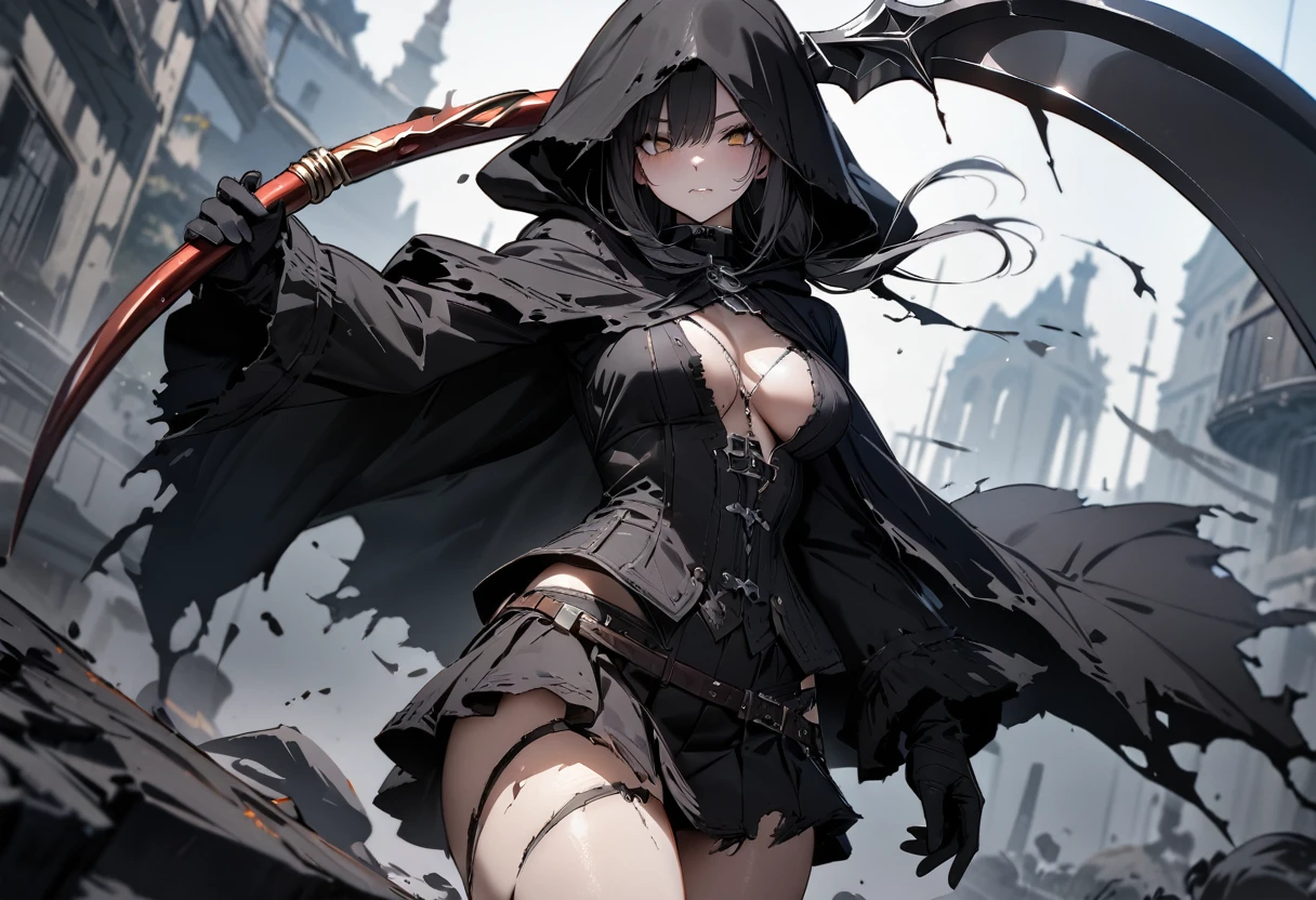 uhd, textured skin, high quality, high details, masterpiece, best quality, 1girl, grim Reaper, Twin tails, Black tattered cloak, Wearing a hood, mini skirt, (Big sickle, Perfectly shaped), There&#39;s a flame in his left eye, Blue effect on left eye, (Sitting on top of a building), Moonlit Night, Cat Familiars, Beautiful digital artwork