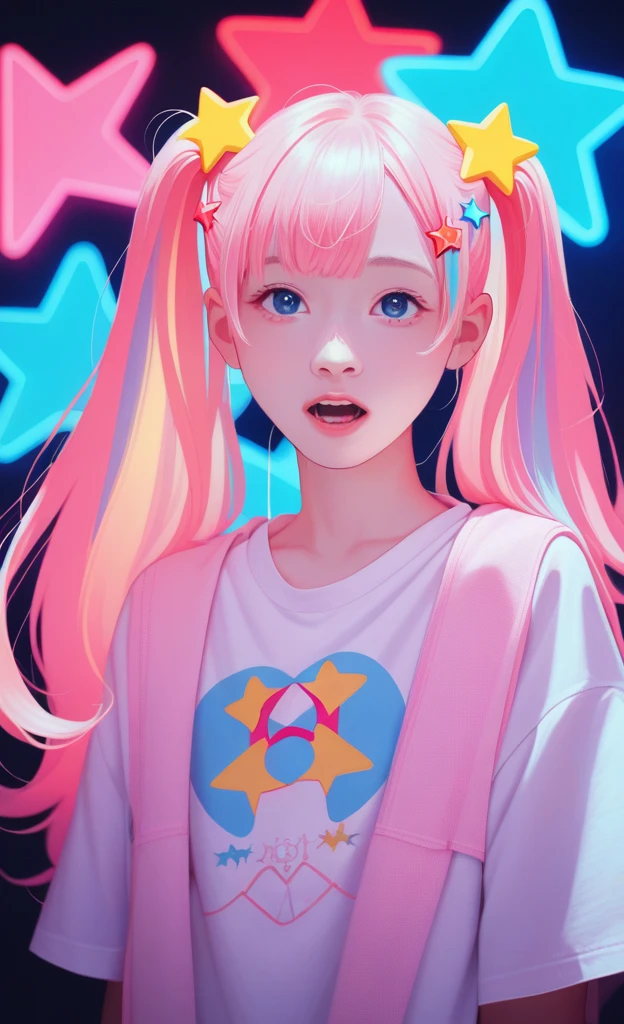 score_9_up, score_8_up, score_7_up, score_6_up, 1girl, solo, pastel colors, open mouth, long hair, star , (symbol), star hair ornament, hair ornament, twintails, looking at viewer, blue eyes, pastel neon lighting, source_anime, neon, neon theme ,