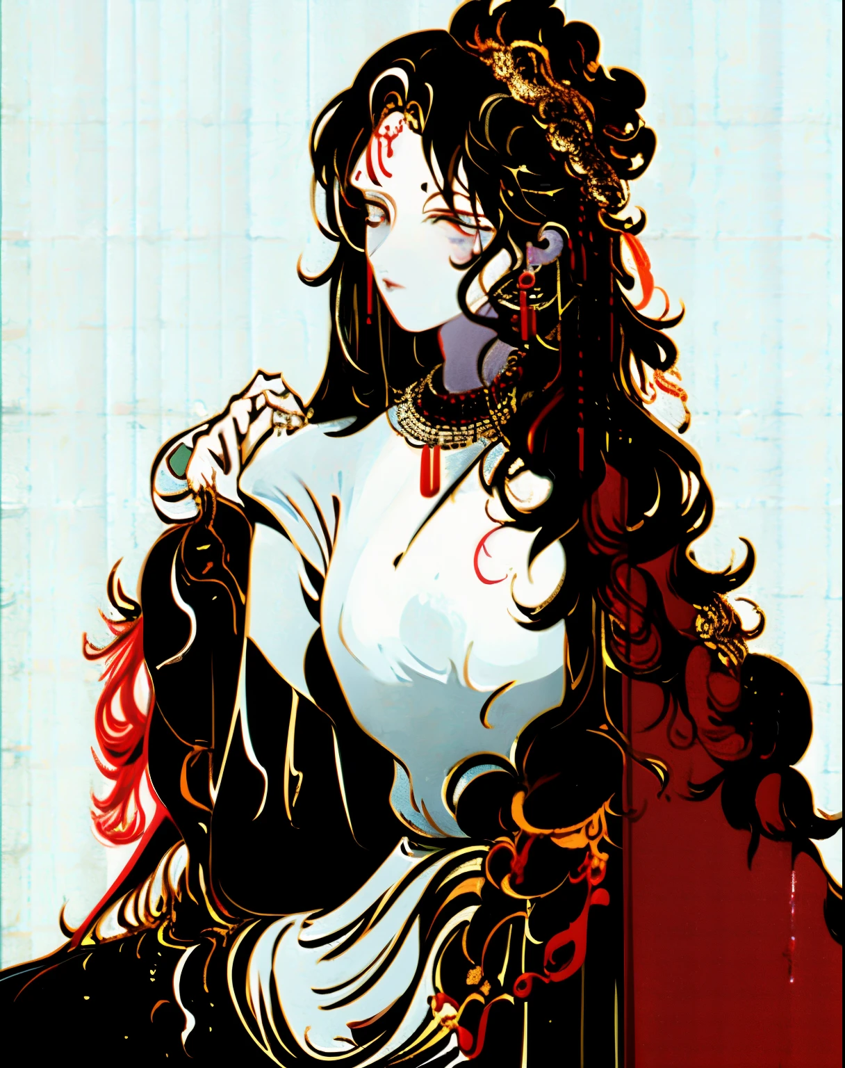Main Part, best quality, Ultra Detailed, 1 Girl, Solitary, Looking at the audience, (Curvy beauty:1.1), plump, Black Hair, Long hair, Hair covering one eye, (curls:1.1), Yellow eyes, , (Breast separation:1.3), groin, (pie:1.3), Neck Ring, armband, bracelet, (thigh:1.2), (White Veil:1.2), (Hair accessories:1.1), Navel Piercing, (chain:1.1), (Kaneko:1.3), (Gold trim:1.2), Rosa, Flare, Open your legs, Sitting, Raise your arms, whole body, 脚chain, barefoot, on the bed