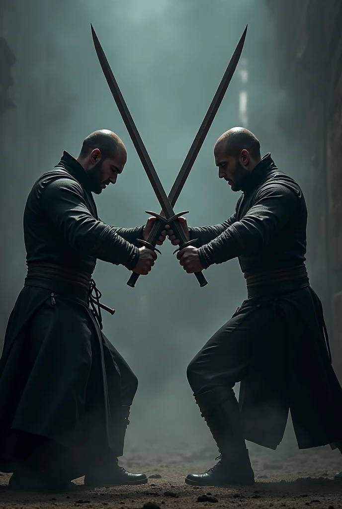 Two men holding swords in the shape of "X" upwards, dark fashion environment 