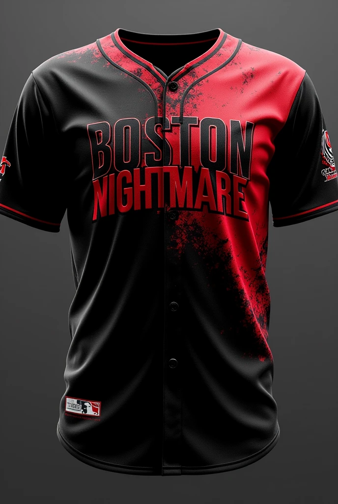 An image of a jersey for a baseball team, very striking red and black colors, the team is called Boston, the nightmare is to put the full name in Spanish