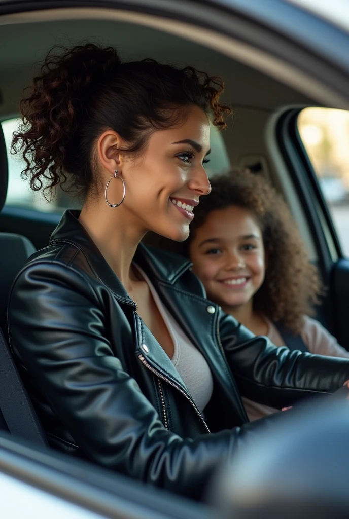 Woman curly hair tied leather jacket handbag with her daughter in car