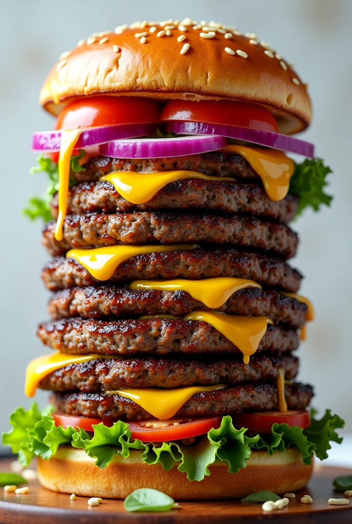 (photorealism:1.2), a large juicy burger with 10 patties, lettuce, onions, garlic butter, mozzetta cheese, tomatoes, 