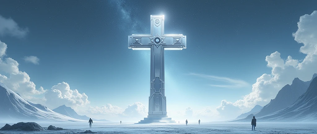 wide view huge shiny silver Corinthian cross monument in midle designed by hajime sorayama, by Frank Quitely, minimal figures, surreal minimalism, sparklecore, starry night