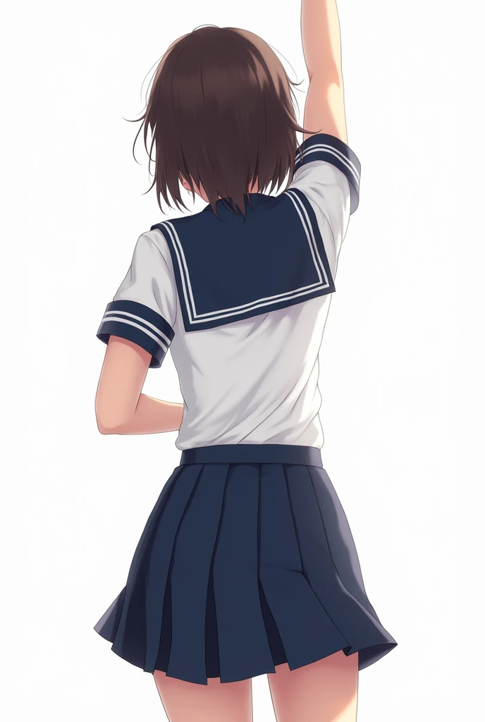 Woman Dressed in a School Uniform Sailor Uniform with Short Skirt Realistic style from the back with the arm extended upwards from the back