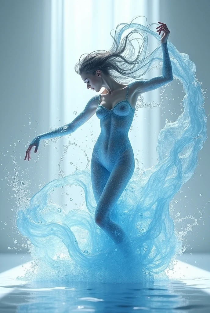 A woman dancing and she is made of water. Her body is made of water. She has a long flowing hair made of water.