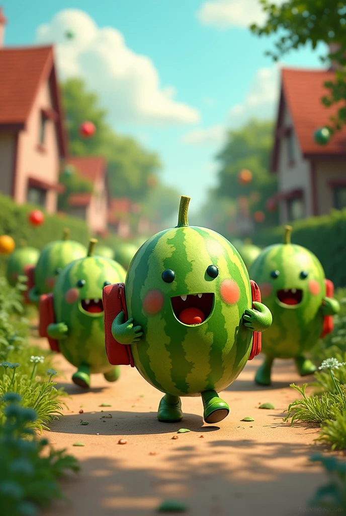 Lots of live watermelons And they run to school