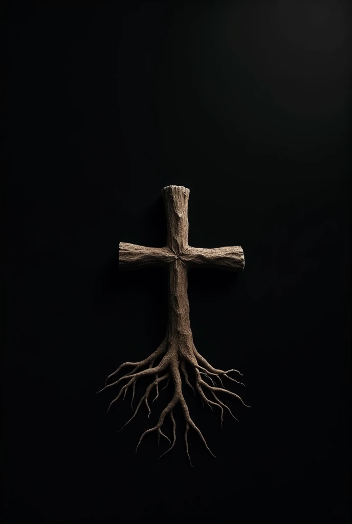 Make a minimalist and simple image with roots and cross on the roots with background black for YouTube channel