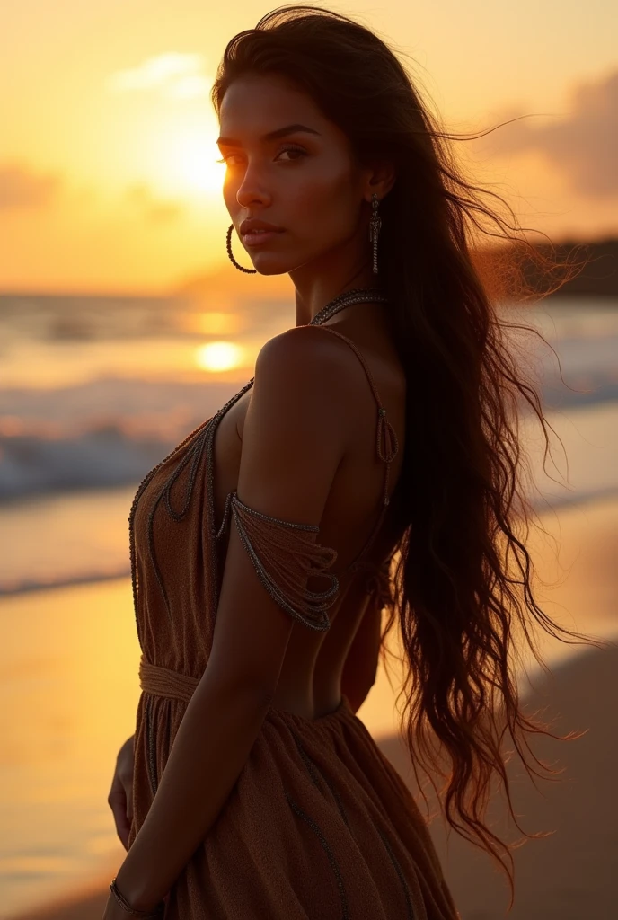 indigenous woman 2 with long hair in front of the sunset, shot at the golden hour, during the golden hour, during a sunset, woman from the side, sensual, seductive indienous dress medium breast, beach background
