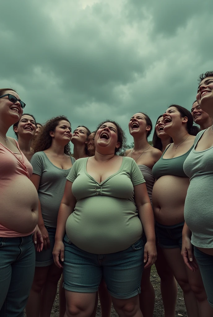 15 morbidly obese women with food rages wearing different clothes and a gray sky behind them
