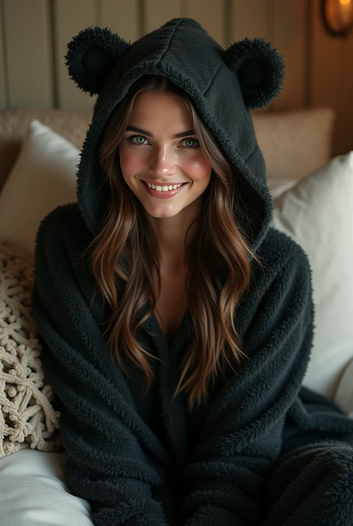 comely, (work of art), best qualityer, (extremely detailded face), extremely detailded eyes, perfect lighting, broad detail, detailded, deep skin,texturized skin, , naked woman in black bear costume, long sleeves, hood,,malva , long hair, greeneyes, great smile,on the  bed ,sitting between pillows, ,.