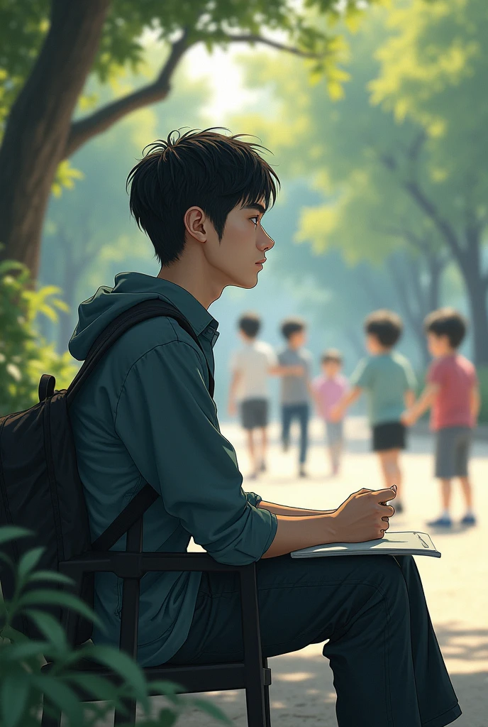 Mature guy Uni student sitting and side looking at children playing but make children opacity  low so it seems like his thought in mind
