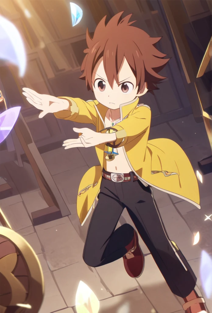 1boy, solo, litle, fairy tail, brown hair, brown eyes, yellow jacket, black Pants, hourglass pendant, open hands, arrogant appearance, golden magic