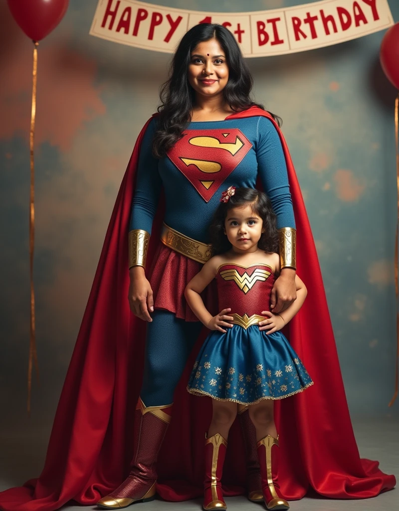 full body portrait of an indian mother dressed as super woman wearing a fully covered super woman cape with letter 'S' in it and a one  dressed as wonder woman, 32k uhd, high definition,  high detailed,  no noise, filmy background , with the banner happy 1st bday seen behind , eyes facing the camera  