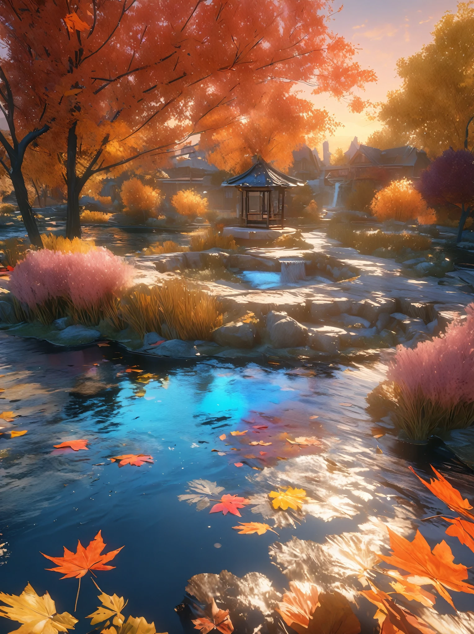 DIY16,best quality, Ultra HD, masterpieces, 8K, Practical, Anime style, 3D Rendering,(Pond in the evening:1.2), (8K, best quality, masterpiece:1.2), (Ultra-high resolution:1.0), Extremely bright design, Soft colors, (ink:1.3), Autumn Lights, High Detail, dramatic, photoPractical painting art