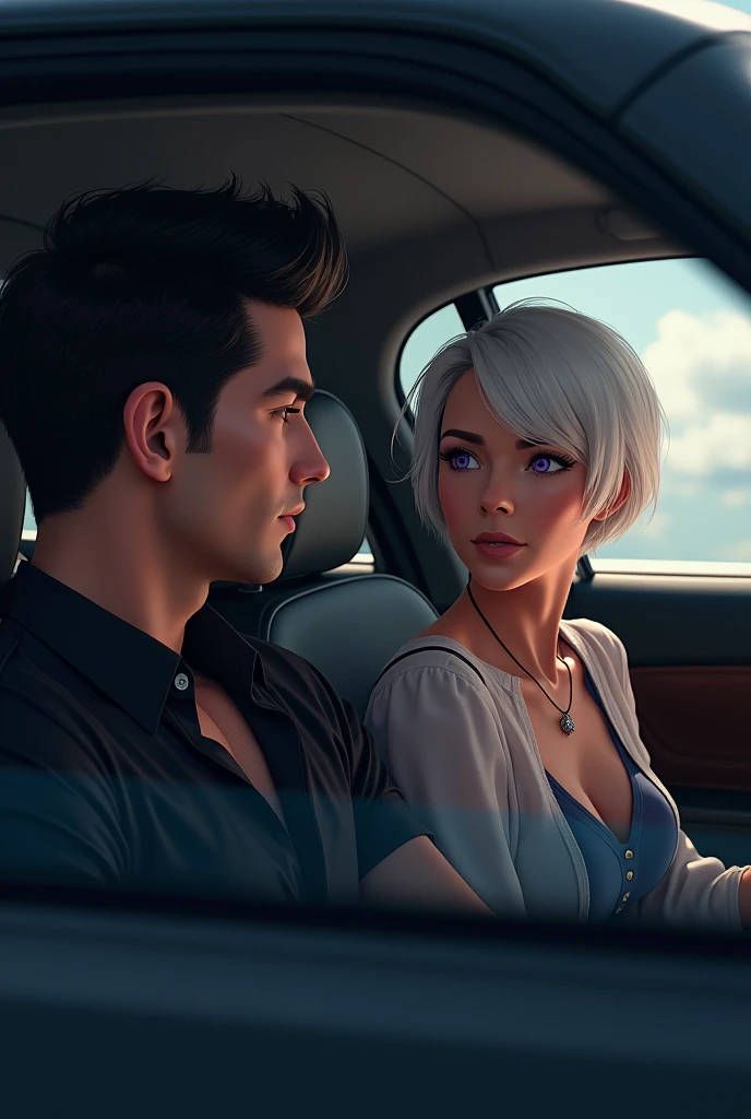 Couple inside the car talking, the woman has characteristic short white hair, violet eyes and light brown skin., and the man is strong and handsome with dark hair and a black dress shirt