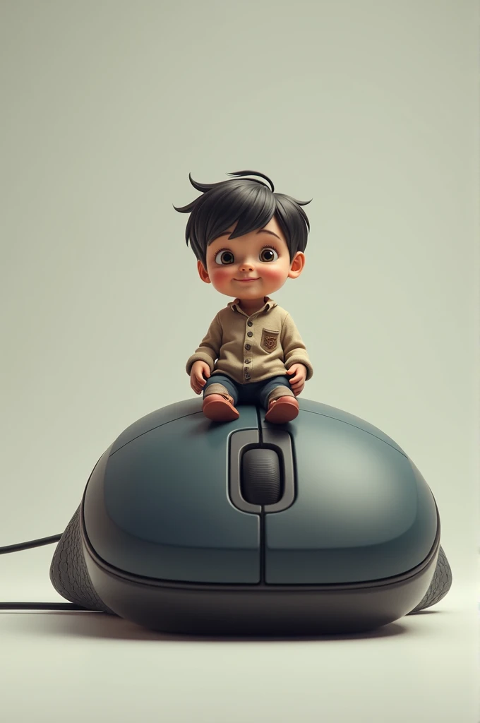 Generate a photo of a boy sitting on a mouse
