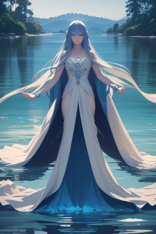 A beautiful water goddess, long flowing blue hair, piercing blue eyes, flawless pale skin, elegant flowing dress, standing in a tranquil lake surrounded by lily pads and lotus flowers, sunlight glistening on the water, ethereal and serene atmosphere, (best quality,8k,highres,masterpiece:1.2),ultra-detailed,(realistic,photorealistic,photo-realistic:1.37),digital art, cinematic lighting, vibrant colors, dramatic composition