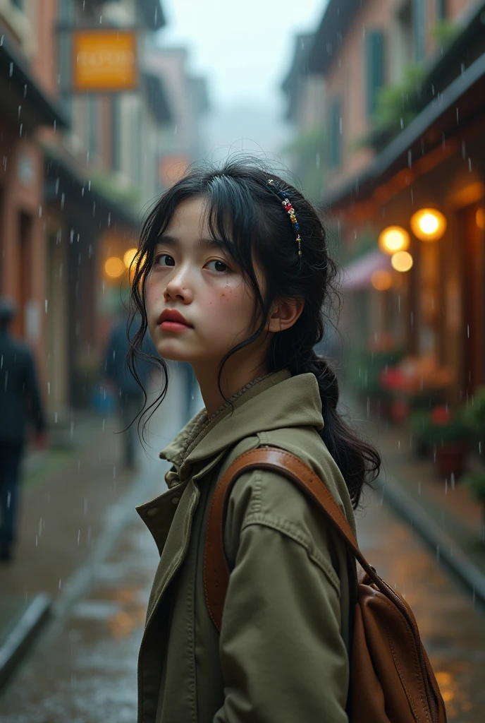 Teenage woman gets rain on her face as she walks through a town