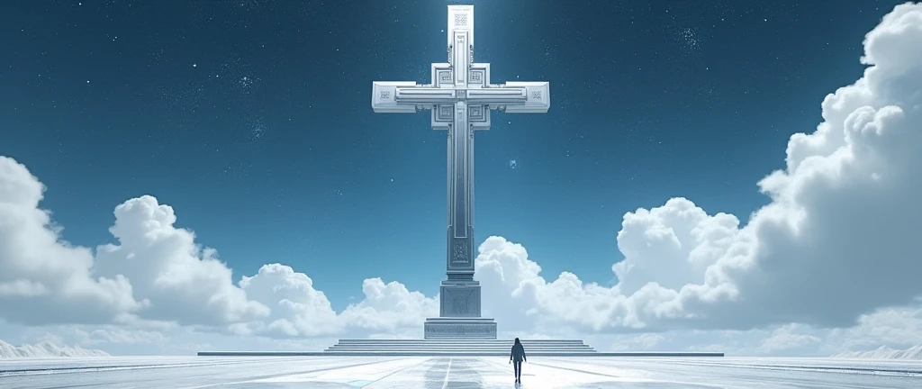 wide view huge shiny silver Corinthian cross monument in midle designed by hajime sorayama, by Frank Quitely, minimal figures, surreal minimalism, sparklecore, starry night