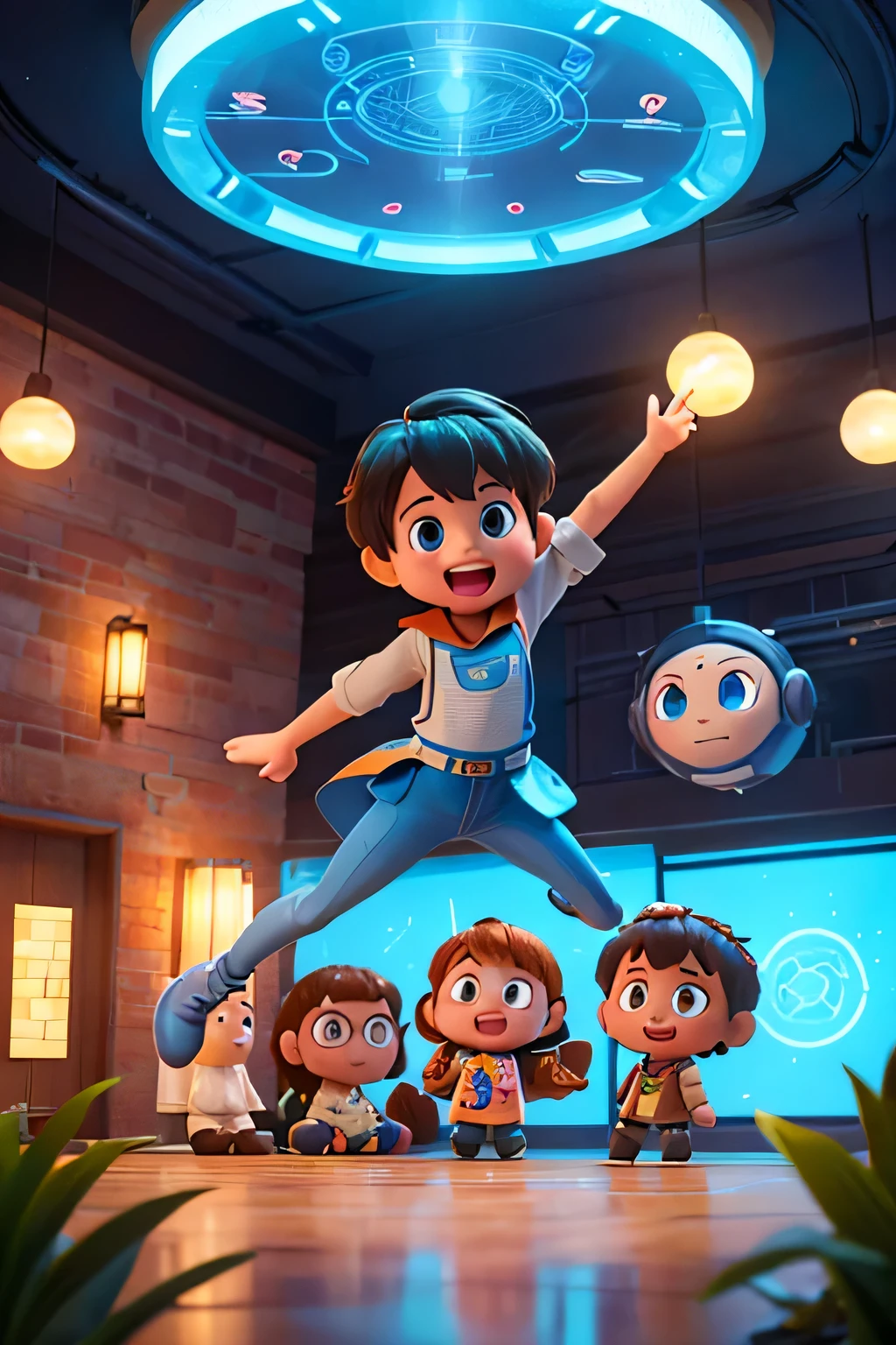 Create a illustration featuring a group of diverse children and teenagers, all looking amazed and excited as they interact with elements of artificial intelligence. The scene should include playful robots, holographic displays, and futuristic gadgets that capture the children's attention. The children should have expressive, joyful faces, with big, bright eyes and detailed features. The environment should be vibrant and colorful, with a warm and inviting atmosphere, incorporating elements like digital holograms, flowing binary code, and circuit patterns in the background. The overall style should be reminiscent of Pixar's animated movies, with a focus on realism mixed with a playful, magical feel