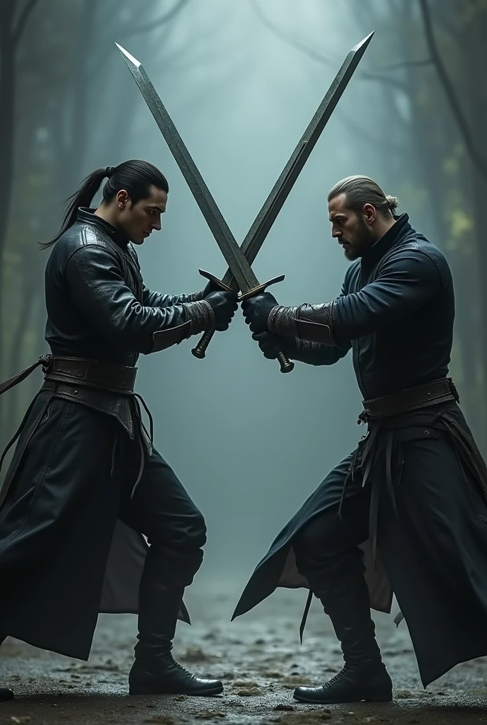 Two men holding swords in the shape of "X" upwards, dark fashion environment 