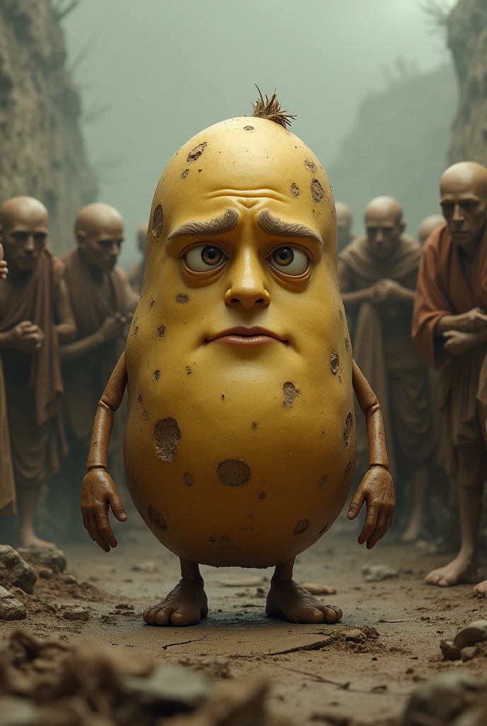 a potato with a face standing in-front of starving people saving them