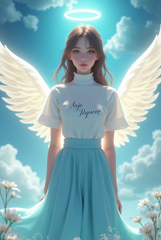 Female character with white turtleneck shirt with name in Portuguese Little Angel, blue angelic pants, 3D anime theme