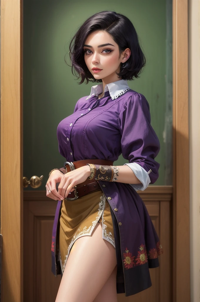 ((best quality)), ((masterpiece)), (detailed), cowgirl, short black hair, purple eyes, beautiful woman