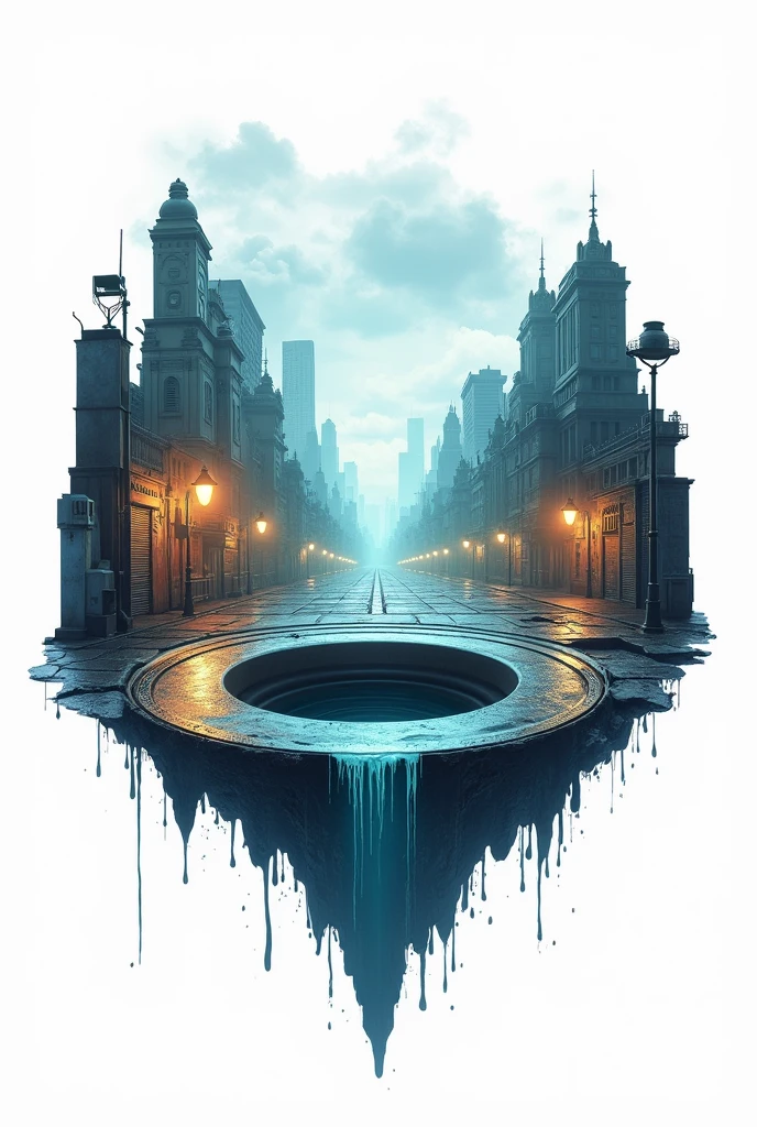create a logo for a card game with a white background , A drain in the center, wet floor and with the drawing of a city going down the drain too. This card game has the environment as its theme.
