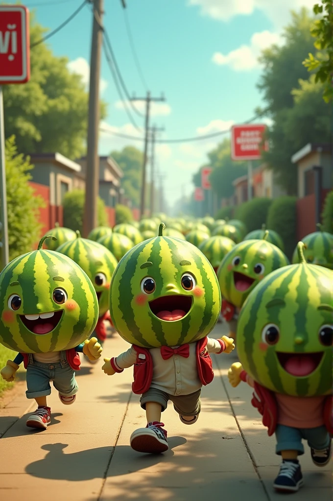 Lots of live watermelons And they run to school 