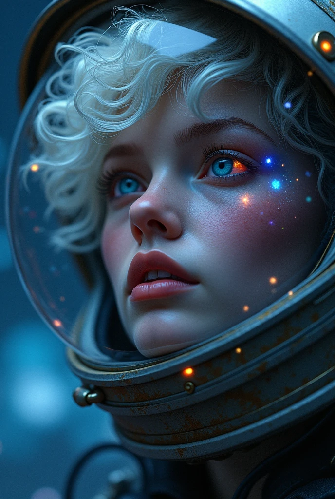 (Close-up of a better masterpiece:1.5)0.9], (Space and astronauts:1.2) (Messy silver hair:1.1) (Heterochromia xanthochromia and blue eyes:1.2) (Space Helmet:1.0) (Colored stars in the eyes:1.0) (A radiant glow:1.1) (thick lips:0.9)