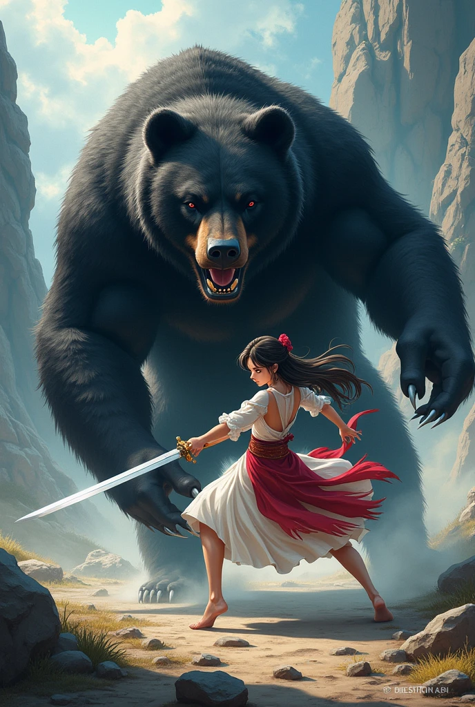 Beautiful anime girl fighting with sword with a black bear.